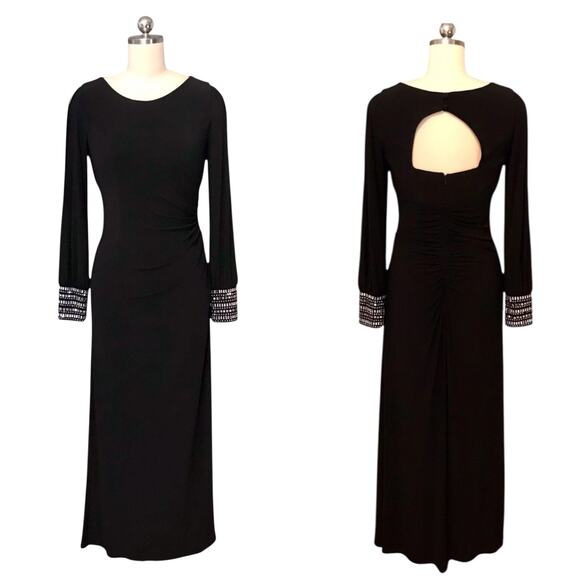 Vintage Cache Siz 2 Long Sleeve Maxi Evening Gown Black Jeweled Cocktail Evening - Picture 1 of 12